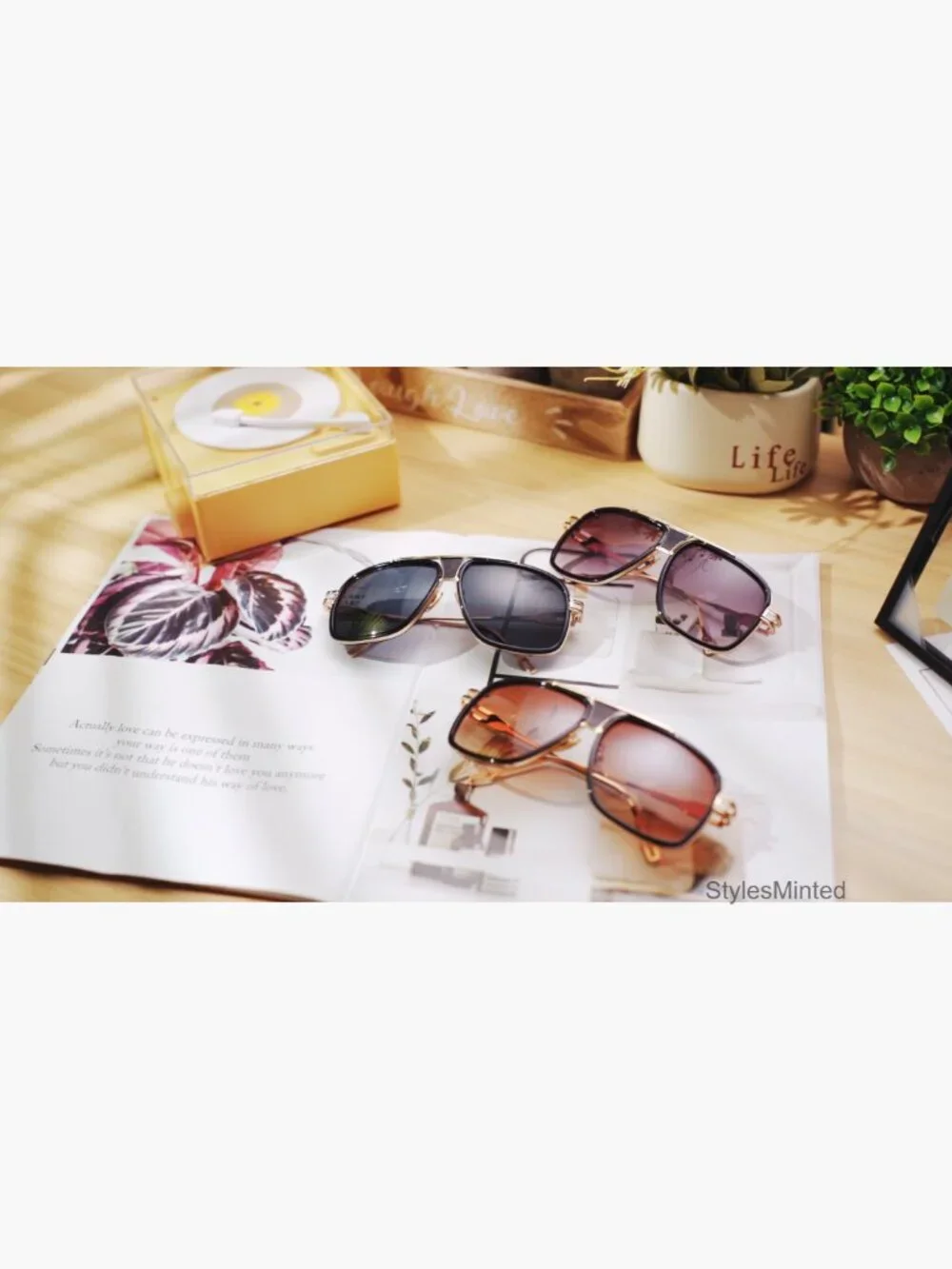 Oversized Retro Square Sunglasses for Men - 3 Pair Set Gold Metal Frame UV